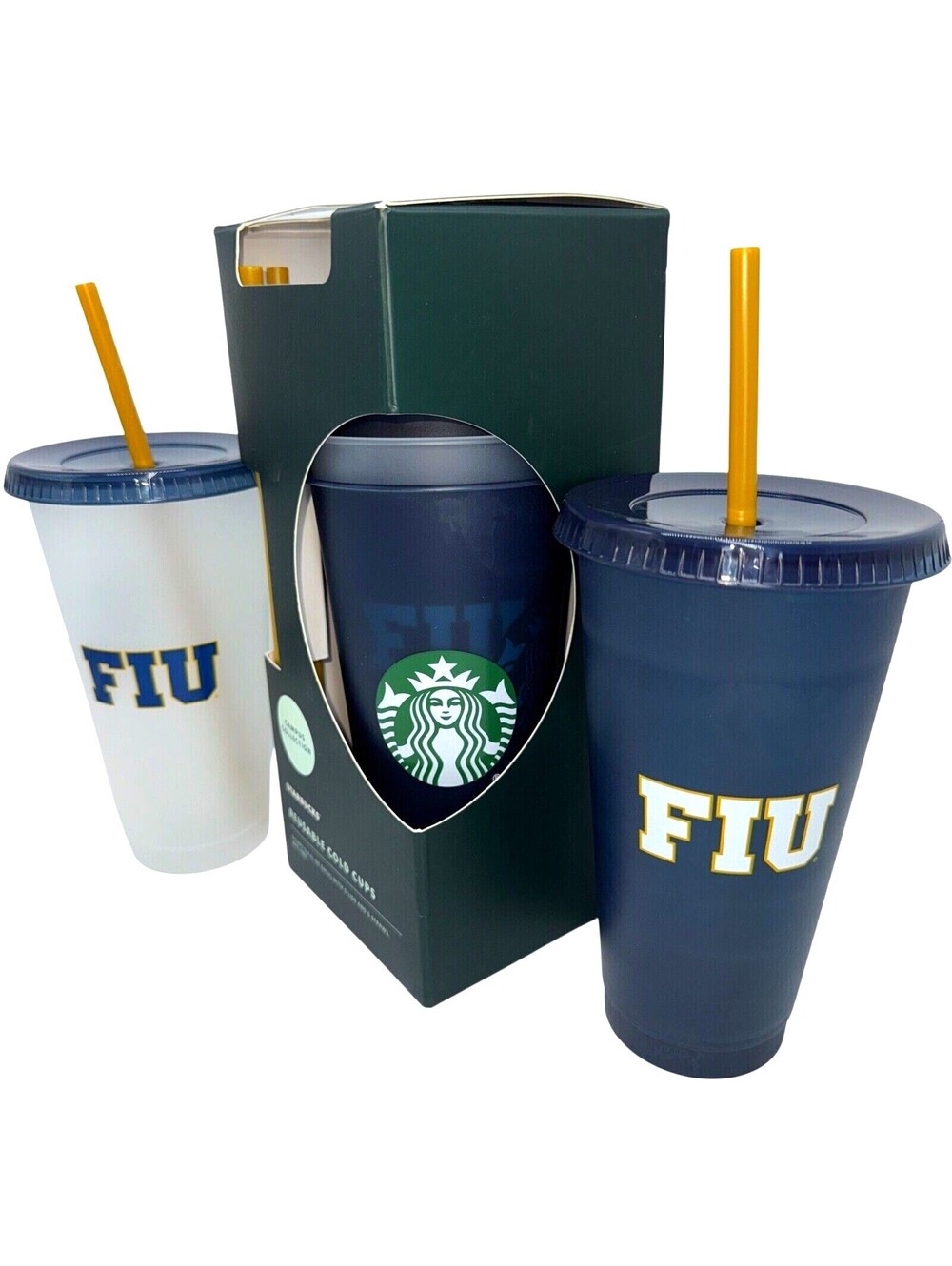 5 NEW FIU Starbucks Reusable Cold Cups Lids Straws Christmas Graduation Gift Set